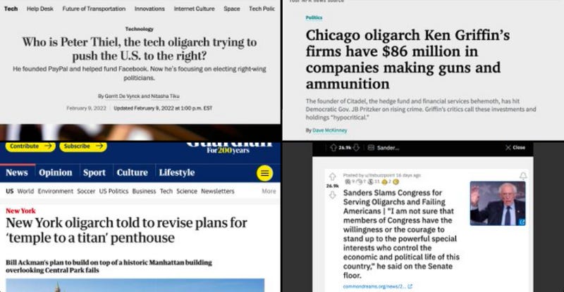Screenshots of news stories about oligarchs