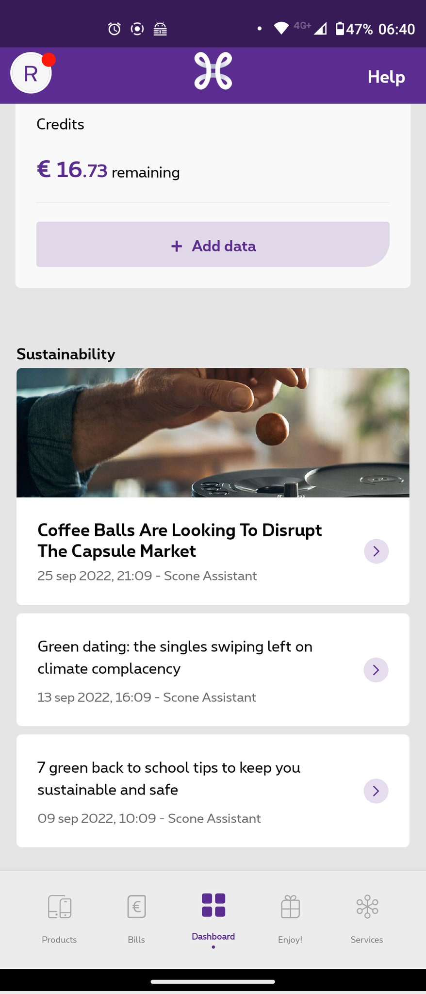 A screenshot of a support app containing native ads for coffee balls, sustainable dating and green school transport