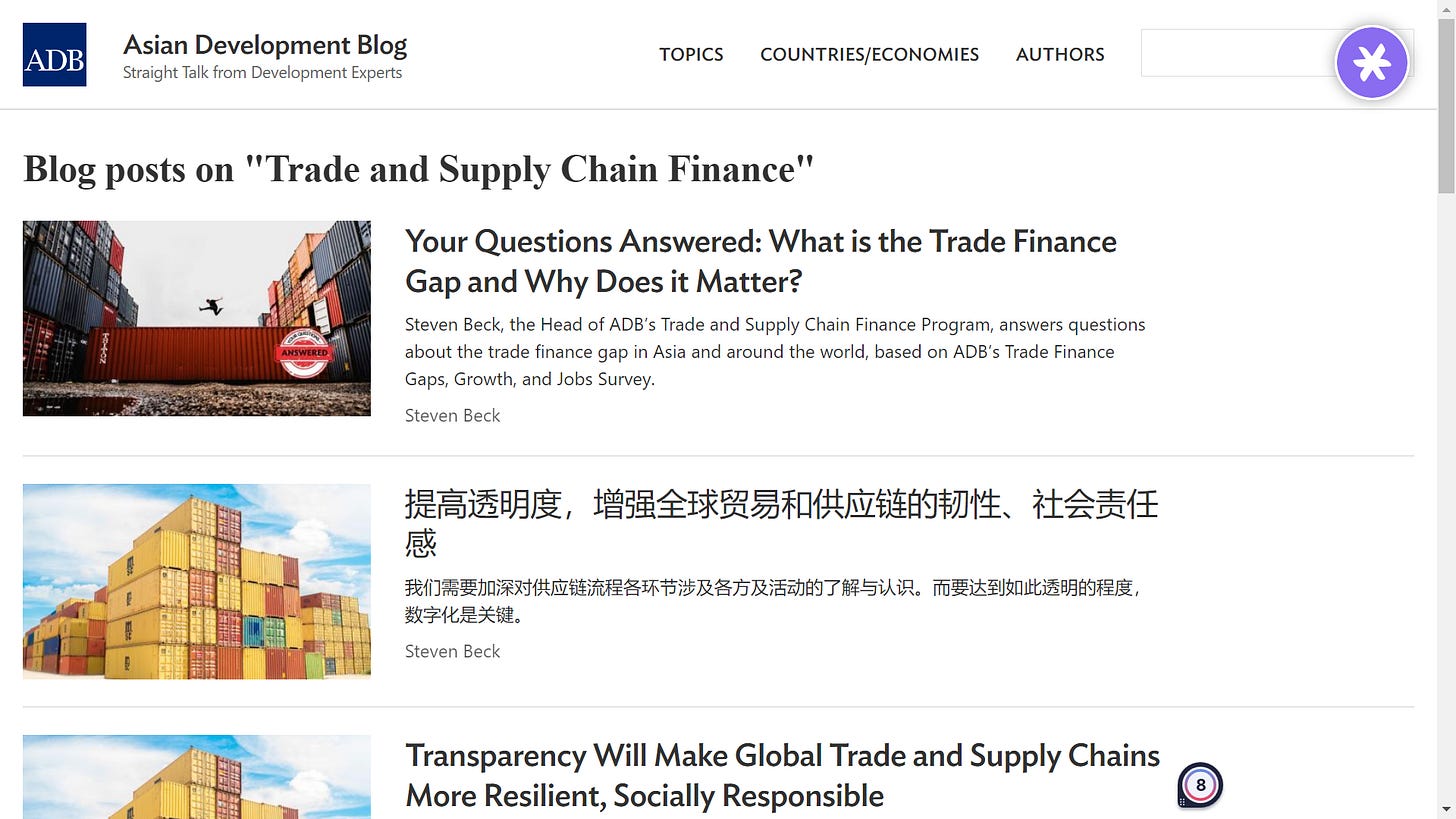 Landing page of the Trade finance section of the Asian Development Blog