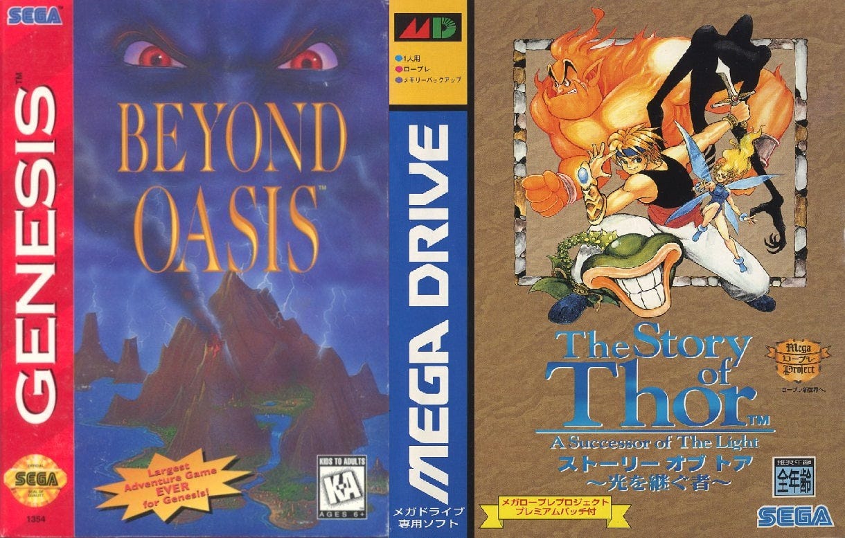 Box art for the North American Beyond Oasis and the Japanese The Story of Thor, which vastly different covers. Beyond Oasis featured art of the game's map with ominous eyes overlooking it all, while The Story of Thor features the game's protagonist and the spirit allies you find in his quest.