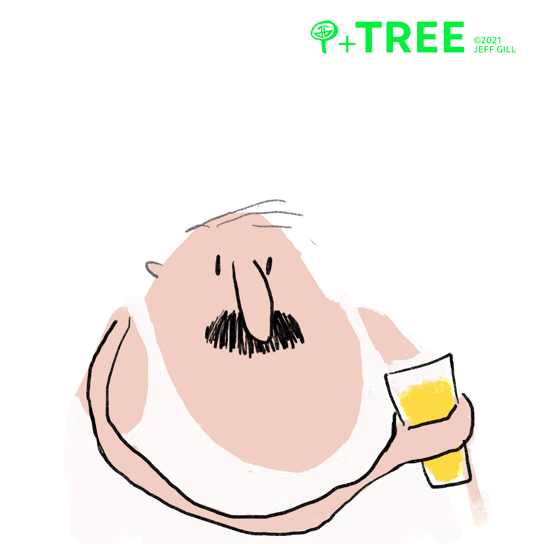 illustration of a moustachioed fat man with skinny arms holding a pint of beer