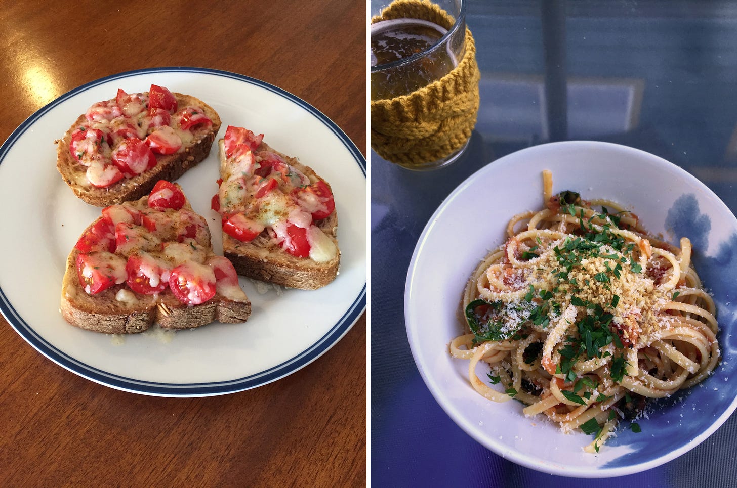 left image: toasted pieces of grainy bread covered in melted white cheddar and chopped small tomatoes. right image: a bowl of pasta in tomato sauce with a dusting of parmesan, parsley, and breadcrumbs on top.