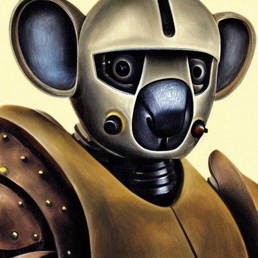 AI-generated image based on prompt: Portrait of an iron robotic koala warrior in a helmet