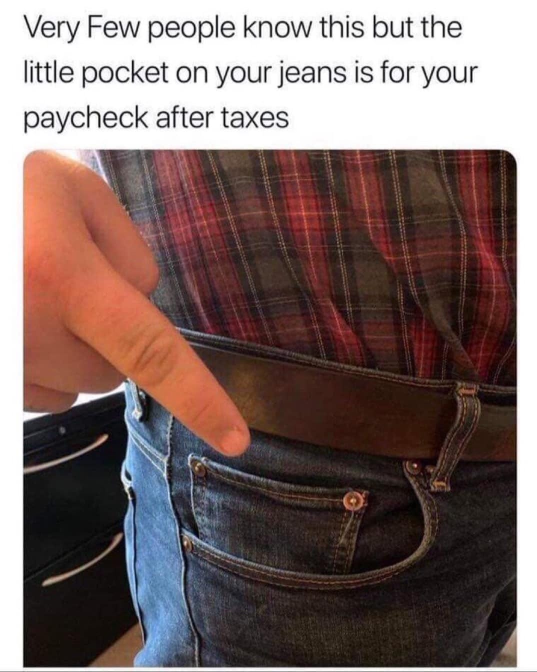 May be an image of 1 person and text that says 'Very Few people know this but the little pocket on your jeans is for your paycheck after taxes'