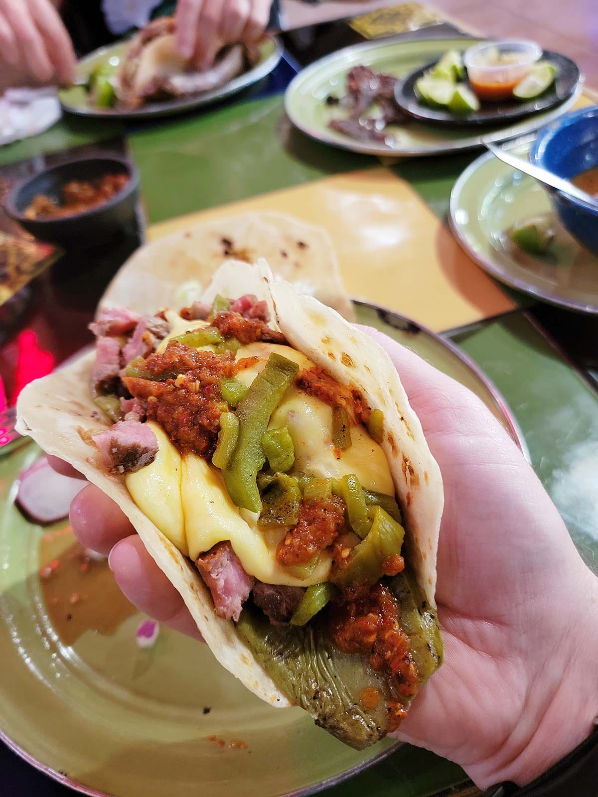 Holding a beef and nopales taco. 