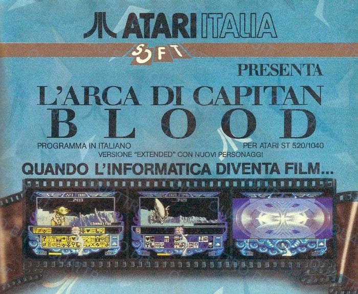 Pubblicità del 1988 di Atari Italia, in cui il videogioco "L'arca di Capitan Blood" viene presentato con lo slogan "Quando l'informatica diventa film..."