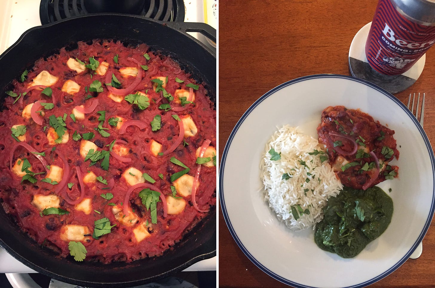 Left image: a large cast iron pan full of the rajma, dotted with bits of cheeze and sprinkled with pickled onion and cilantro. Right image: On a white plate, a serving of the rajma sits next to a serving of green saag paneer and a pile of white basmati rice. Everything is dusted with cilantro, and a can of beer is on a coaster next to the plate.