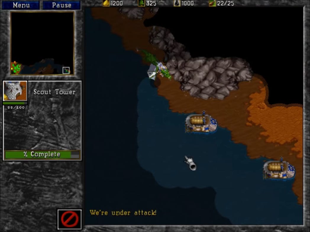 In a screenshot from Warcraft II, a dragon approaches towards a part of human transports. The dragon is half in Fog of War