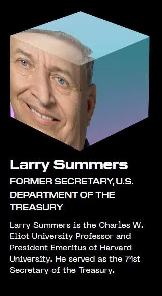 Larry Summers's face stretched onto the front of a cube, captioned with a short biography about him. Taken from the website of Block, Jack Dorsey's recent company.