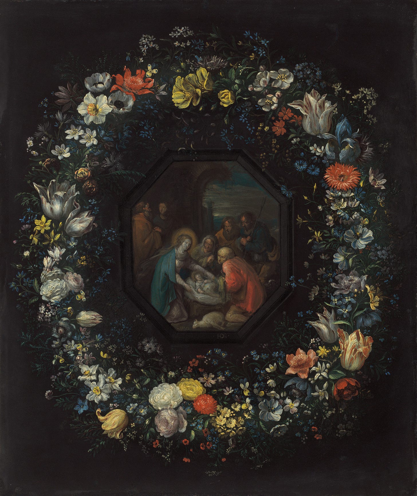 Garland of Flowers with Adoration of the Shepherds, c. 1625/1630 by Frans Francken the Younger and Master HDB