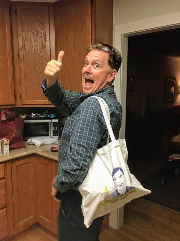 Loyal reader Dan(tastic) is ecstatic that he is the proud owner of a limited-edition Highlighter tote bag (now out of stock). There’s a rumor that T-shirts are coming soon! highlighter.cc/store