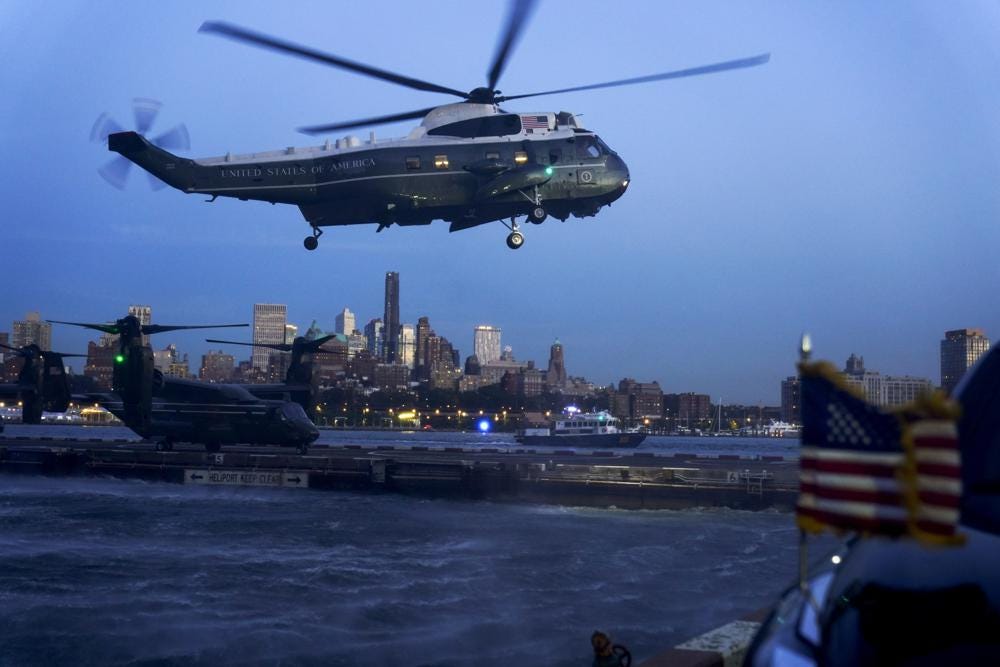 President Joe Biden aboard Marine One arrives at the Wall Street Landing Zone in New York, Thursday, Oct. 6, 2022, to attend a Democratic Senatorial Campaign Committee reception. (AP Photo/Andrew Harnik)