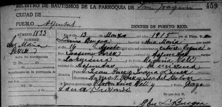 Baptismal Certificate of Ana María Pérez Vélez