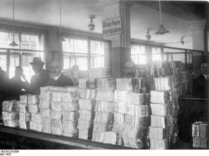Weimar hyperinflation pile of money banknotes mark