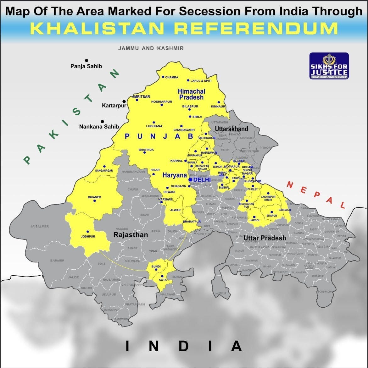 an organisation sikhs for justice released a new map of india showing not just punjab but haryana himachal pradesh and several districts of rajasthan and uttar pradesh as part of khalistan photo twitter sikhpa