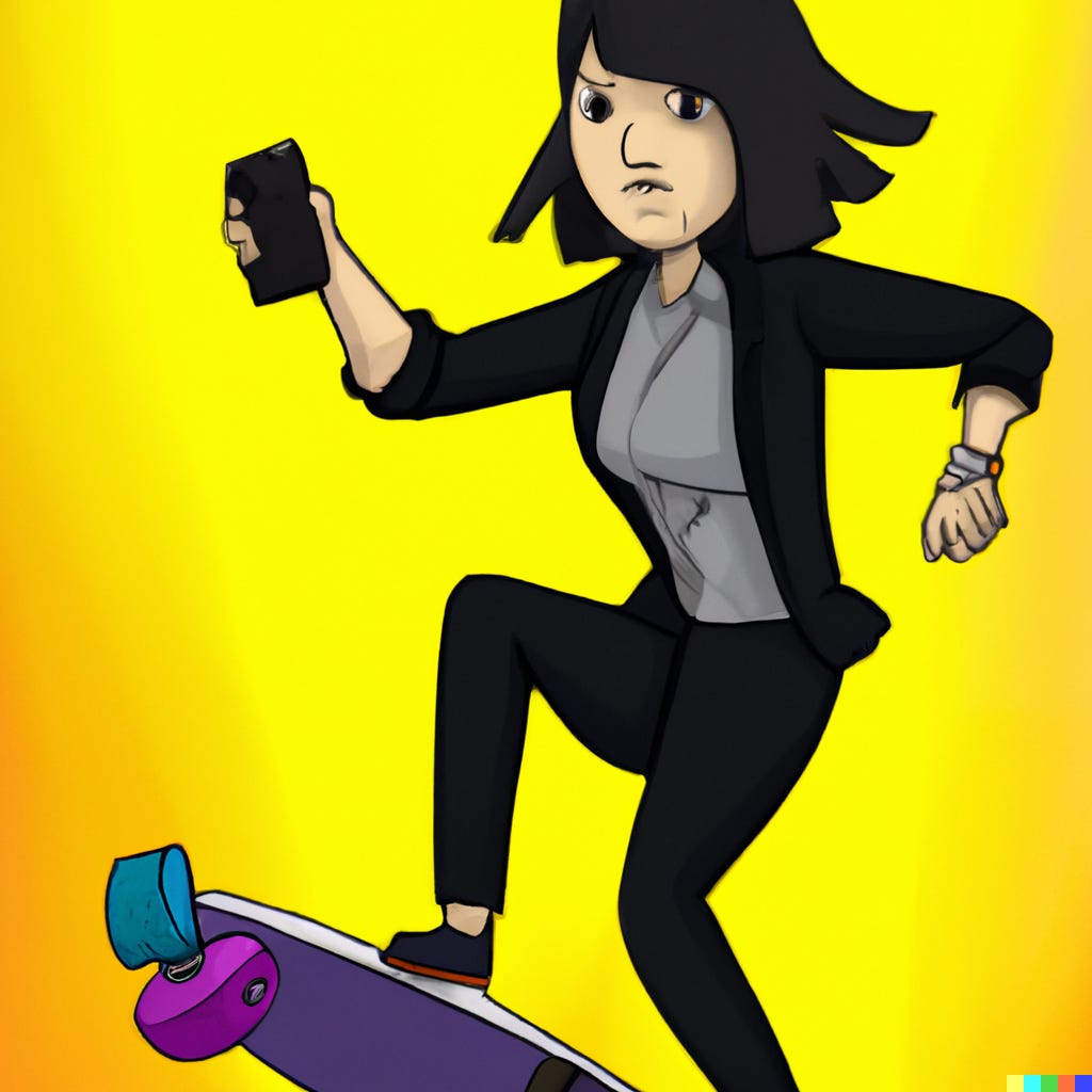 A manga-style image of a product manager confidently skateboarding while holding a smart phone