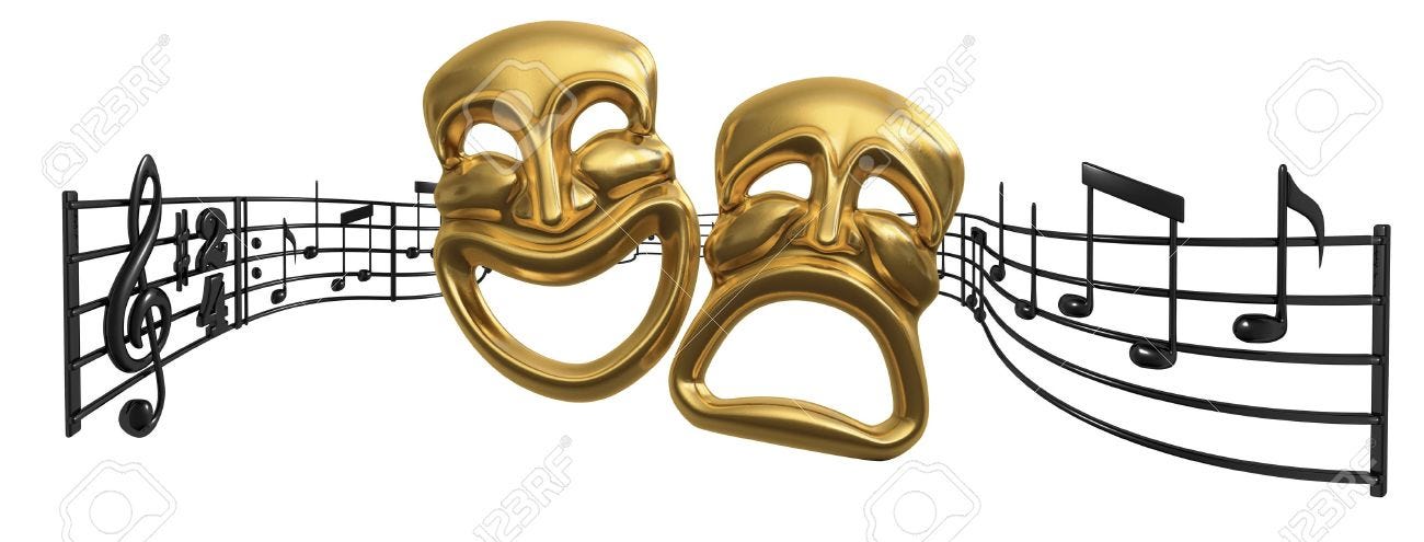 A Musical Score Waving And Bending Behind Iconic Comedy And Tragedy Theatre  Masks Stock Photo, Picture And Royalty Free Image. Image 7053863.