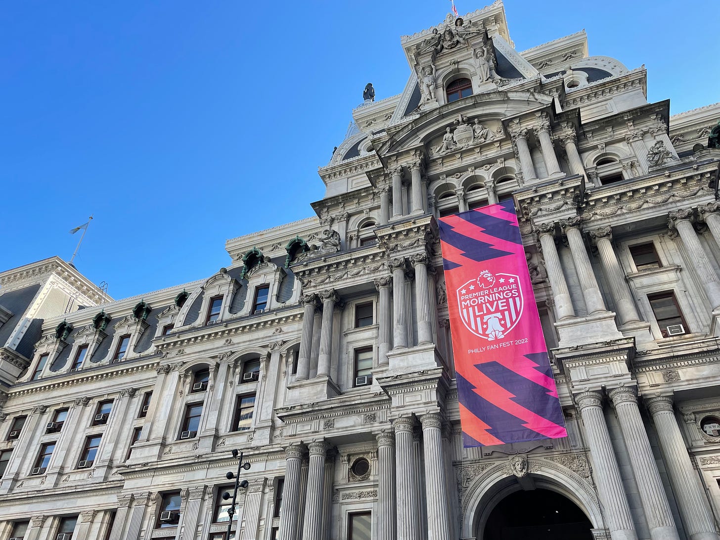 Philadelphia City Hall with PL Mornings Live Philly Fan Fest 2022 banner