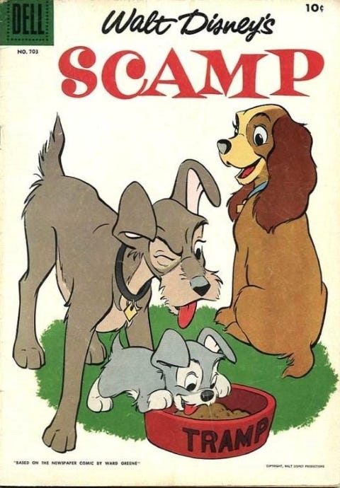 Comic book cover art for Walt Disney's Lady And The Tramp spin-off Scamp