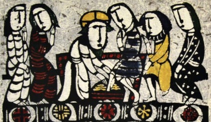 Woodblock print by Japanese artist Watanabe Sadao in black, yellow, and red, showing Christ washing disciples' feet at the Last Supper