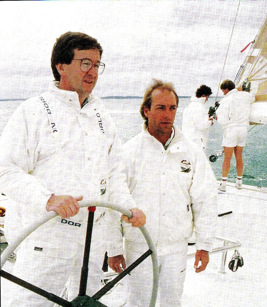 Sir Michael Fay and David Barnes (right) aboard KZ-1, the 1988 America&#39;s Cup  Challenger