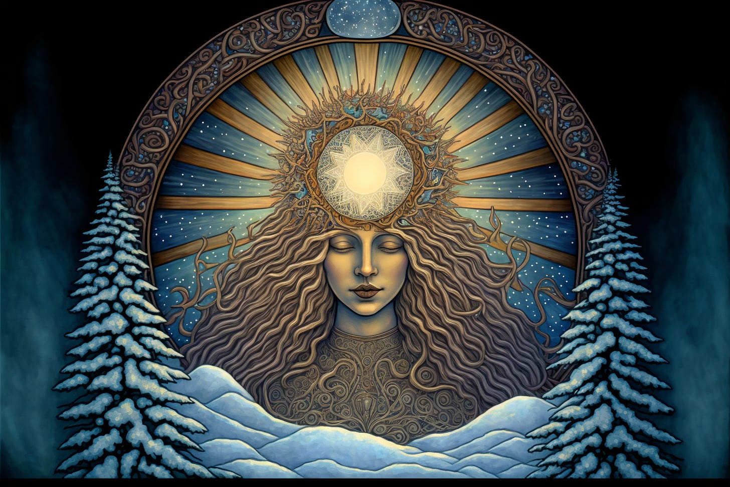 winter solstice visionary art, goddess of the newborn sun waking up above snowy fields