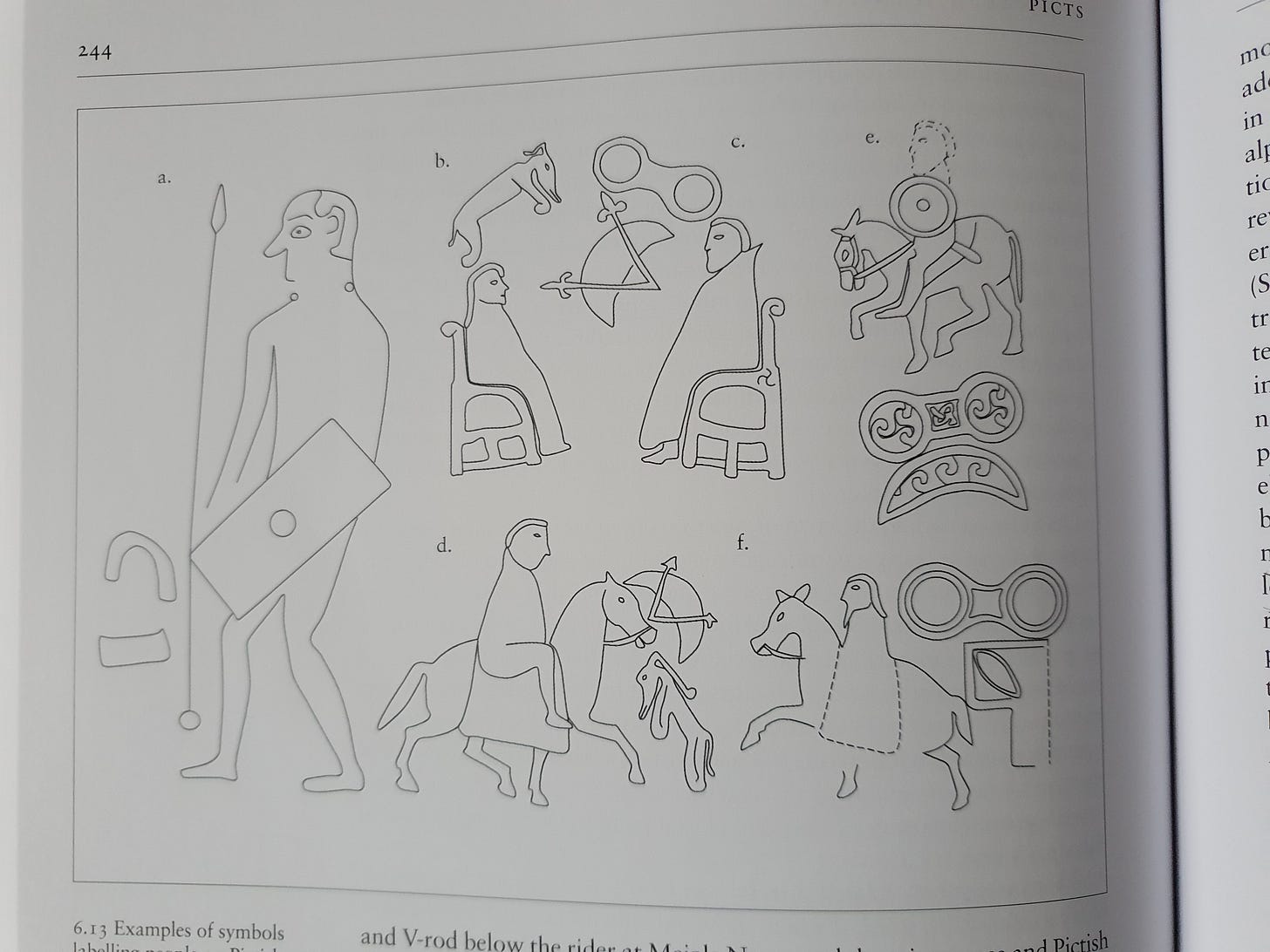 Example illustration from the book: Pictish symbols used to “label” figured on carved stones, suggesting their function was to mark identities.