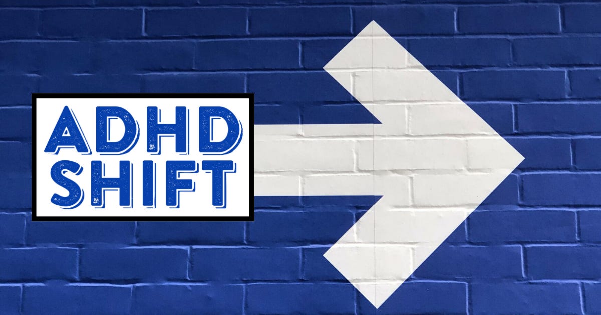 Large white arrow, pointing right, painted on a blue brick wall. ADHD SHIfT logo on the right side of the arrow.