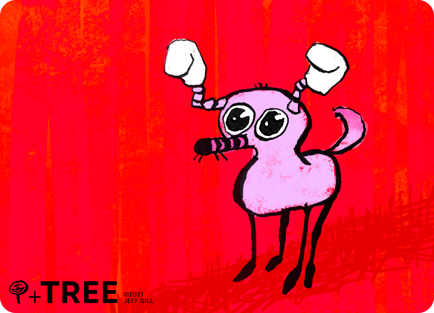 A large-eyed pink antelope with boxing glove antlers standing in a red field