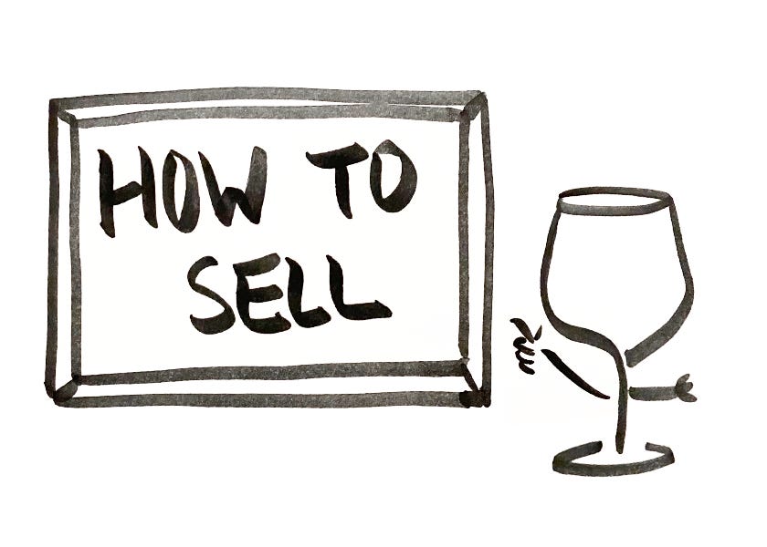 An anthropomorphic wine glass pointing to a chalk board that reads "how to sell"