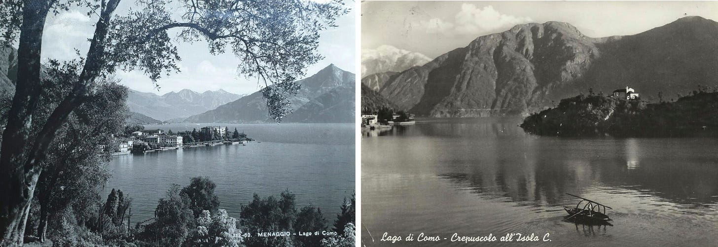 Two lakeviews from postcards of the 1910s : the view from Menaggio (left) and the Isola Comacina (right).