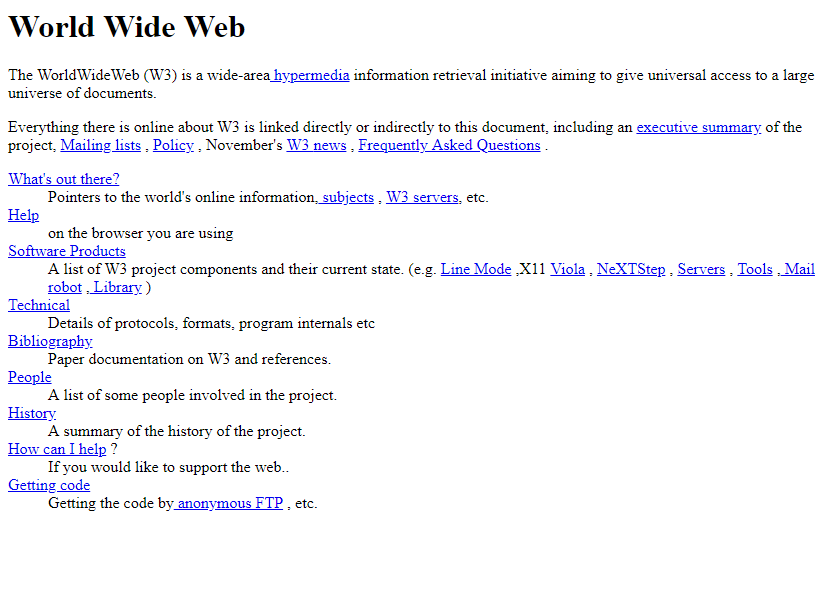 Home page of the first-ever website launched by Tim Berners-Lee. 