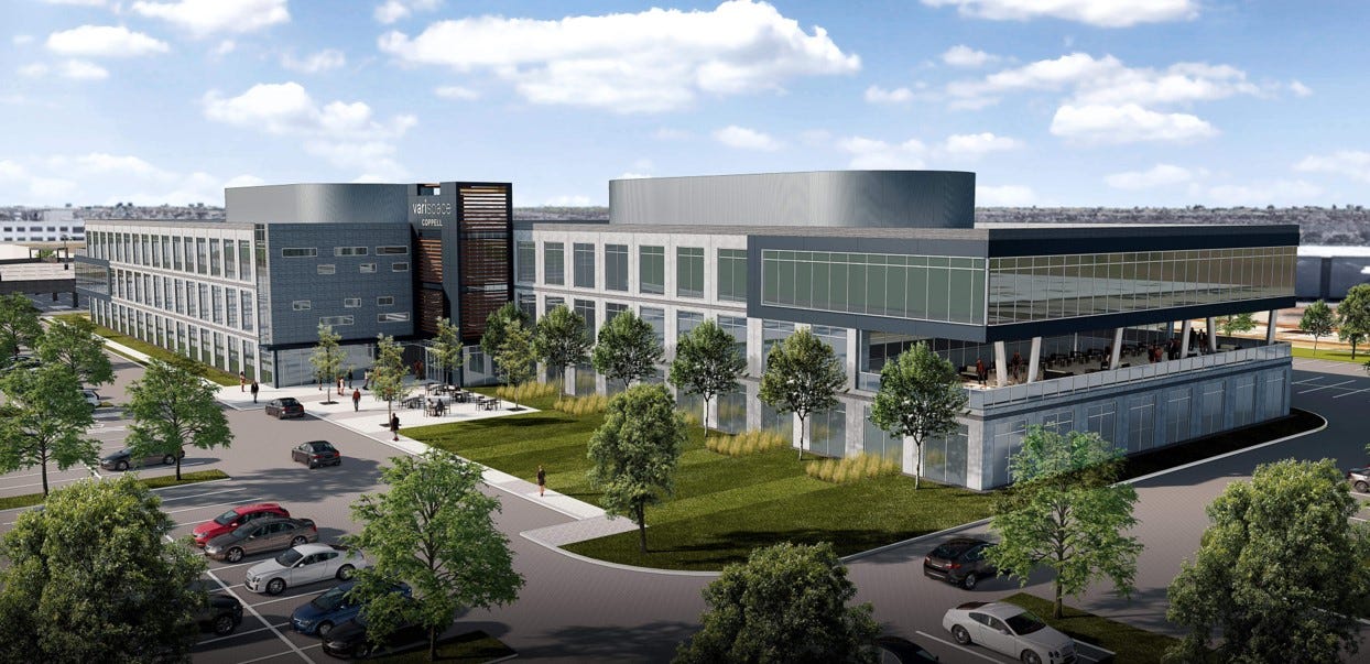 Rendering of a three-story office building that will be the new headquarters for Vari
