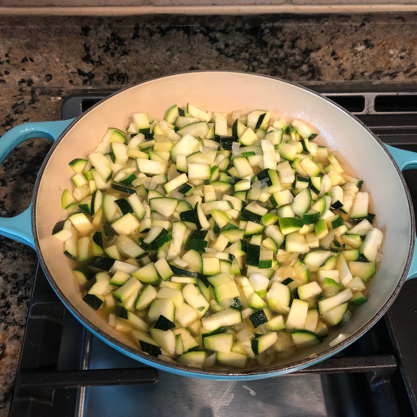Chopped zucchini in a pan. 