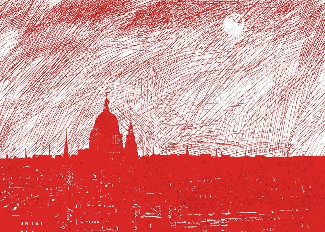 A skylyne of Victorian London drawn in red pen, with the outline of St. Paul's Cathedral in prominence