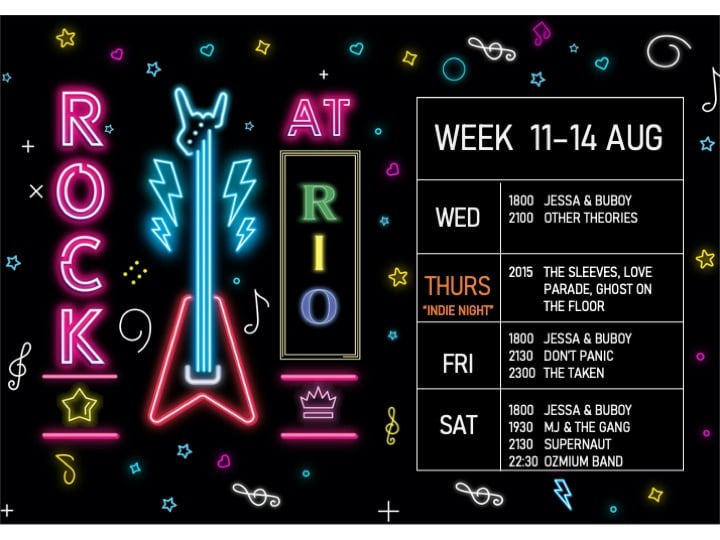 May be an image of text that says "R WEEK 11-14 AUG AT 도 R WED 1800 JESSA BUBOY 2100 OTHER THEORIES C K THURS 2015 THE SLEEVES, LOVE PARADE, GHOST ON "INDIE THE FLOOR FRI 1800 JESSA & BUBOY 2130 DON'T PANIC 2300 THE TAKEN S SAT 1800 JESSA & BUBOY 1930 MJ THE GANG 2130 SUPERNAUT 22:30 OZMIUM BAND ಯ"
