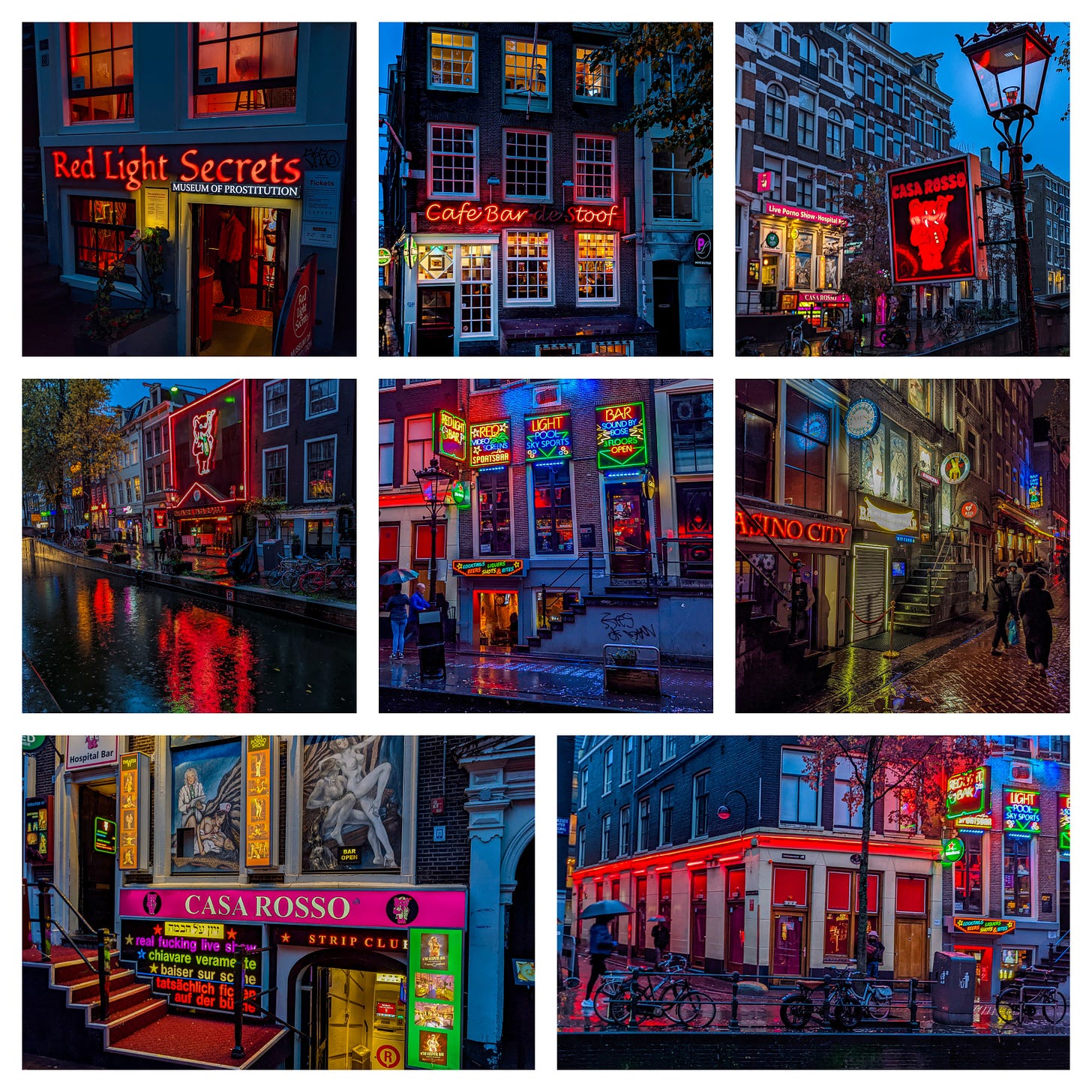 Eight photos showing the Red Light District at night, including Red Light Secrets and a variety of sex clubs with lots of colorful neon signs. 