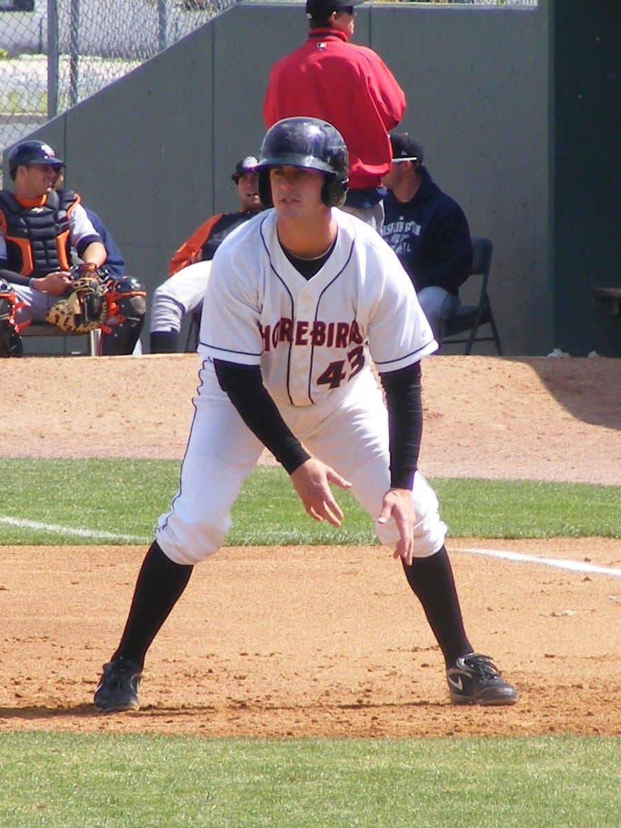 Before his first injury, Justin Dalles was among the team offensive leaders. Here he leads off first during an April game against Hagerstown. Photo by Kim Corkran.