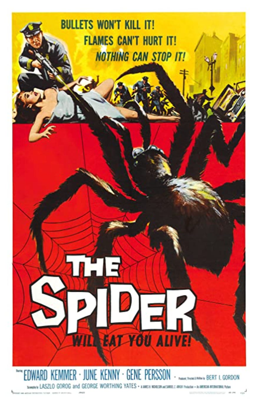 A movie poster for the 1958 film Earth vs the Spider showing a massive black spider up against an armed police officer and for some reason a woman who is lying on the ground with the straps of her dress fallen down off her shoulders