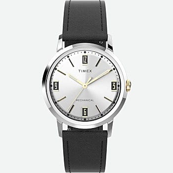 Front View of Marlin&reg; Hand-Wound 34mm Leather Strap Watch Stainless-Steel/Black/Silver-Tone 1.0