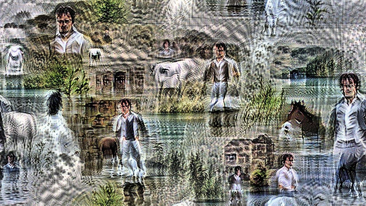 It could plausibly be Colin Firth from 1995 Pride and Prejudice. The lake and the countryside are there, repeated and tiled upon one another several times. The horse requires much more imagination.