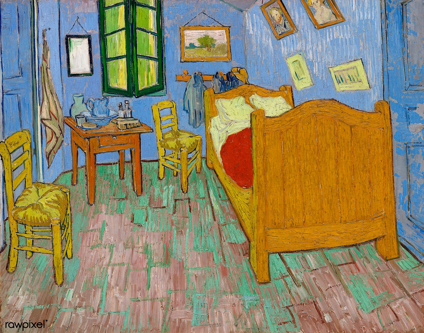 Vincent Van Gough's famous painting "The Bedroom," a small room with walls painted in blue and scuffed green paint on the flooboards. A single bed is up against the right wall, where a couple of Van Gough's paintings hang. Behind the headboard hangs another of his paintings and some hooks where his clothes and hat hang. Next to the bed is an empty chair, a small table with a washing basin and jug, a carafe, a glass, and a plate with a piece of bread. Behind the table is a French window, slightly open, and a small mirror hanging on the wall.