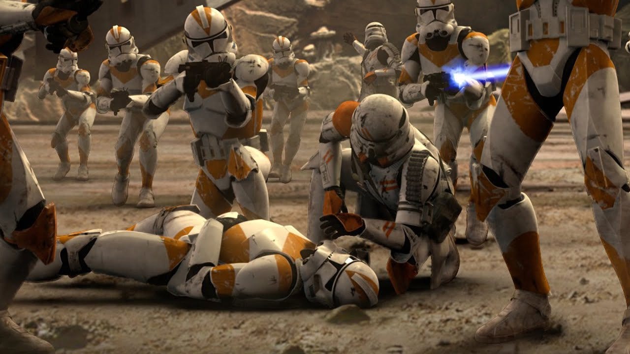 Clone Troopers fighting over fallen Clone Trooper bodies