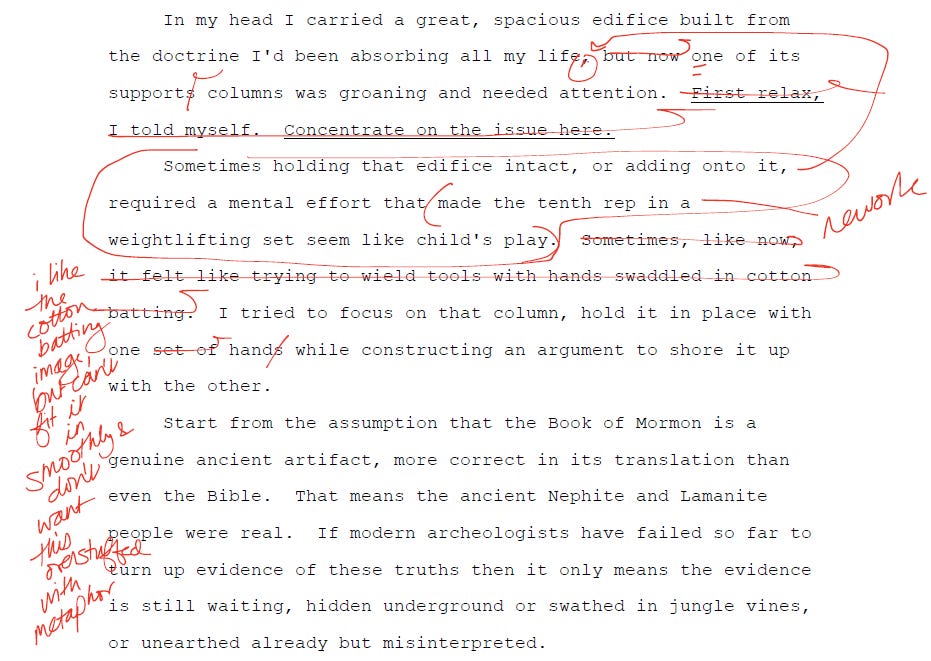 A passage from the manuscript of The Accidental Terrorist, heavily marked up in red with handwritten notes.