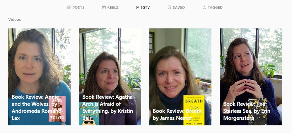 Image: screen capture from my IGTV page showing the last four video book reviews I did.
