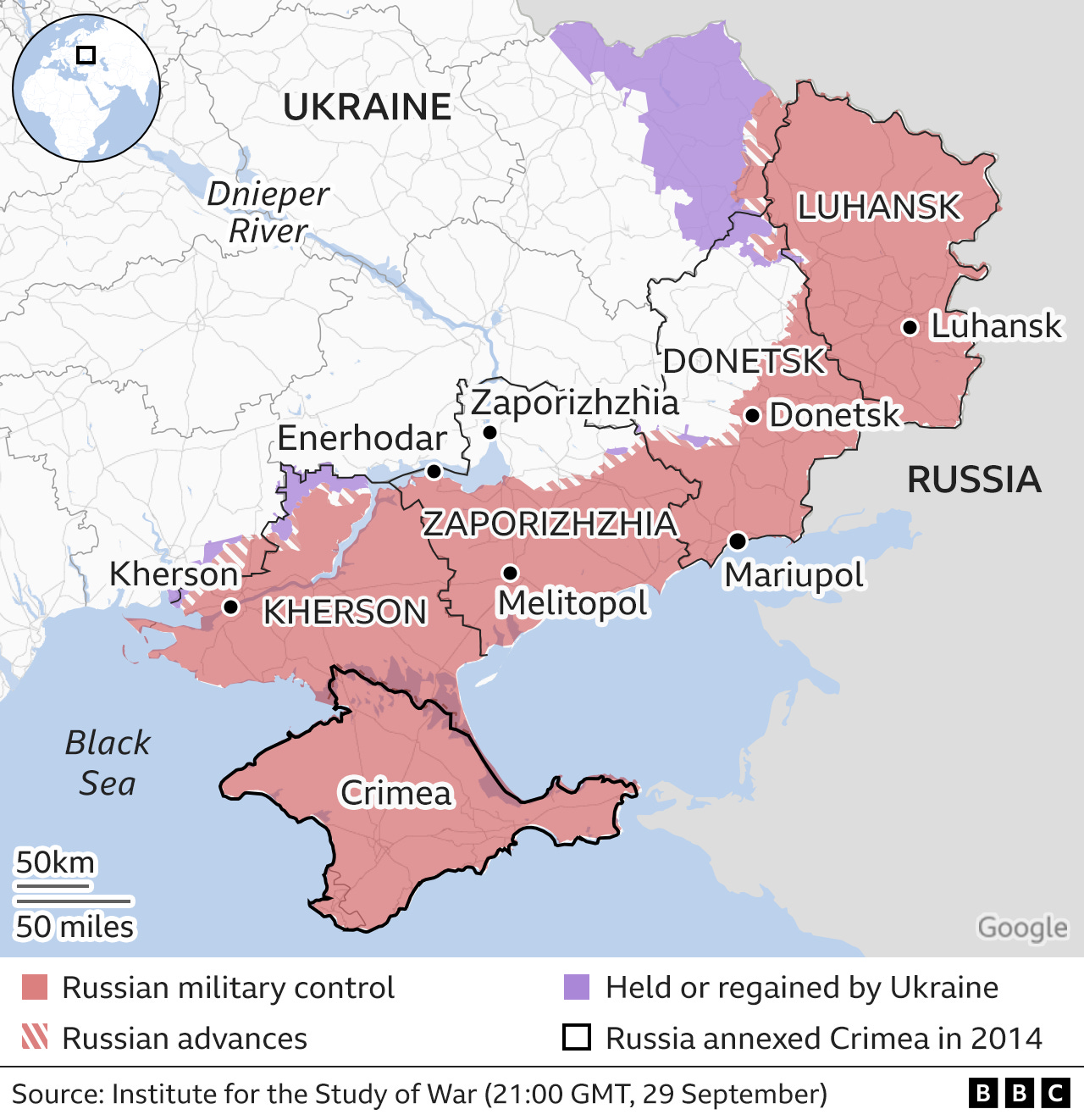Map showing the four regions Russia is annexing. Updated 30 September.