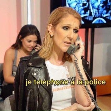 Meme in which Céline Dion looks worried on the phone, captioned “je telephone a la police.”