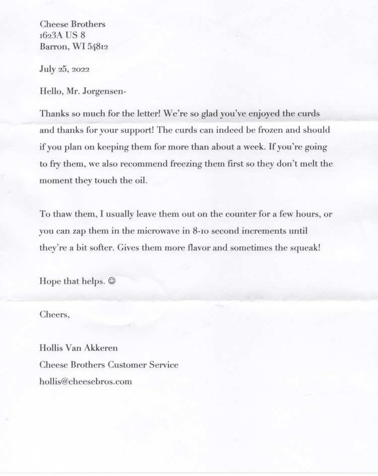 Scan of the letter from the Cheese Brothers. Transcript follows.