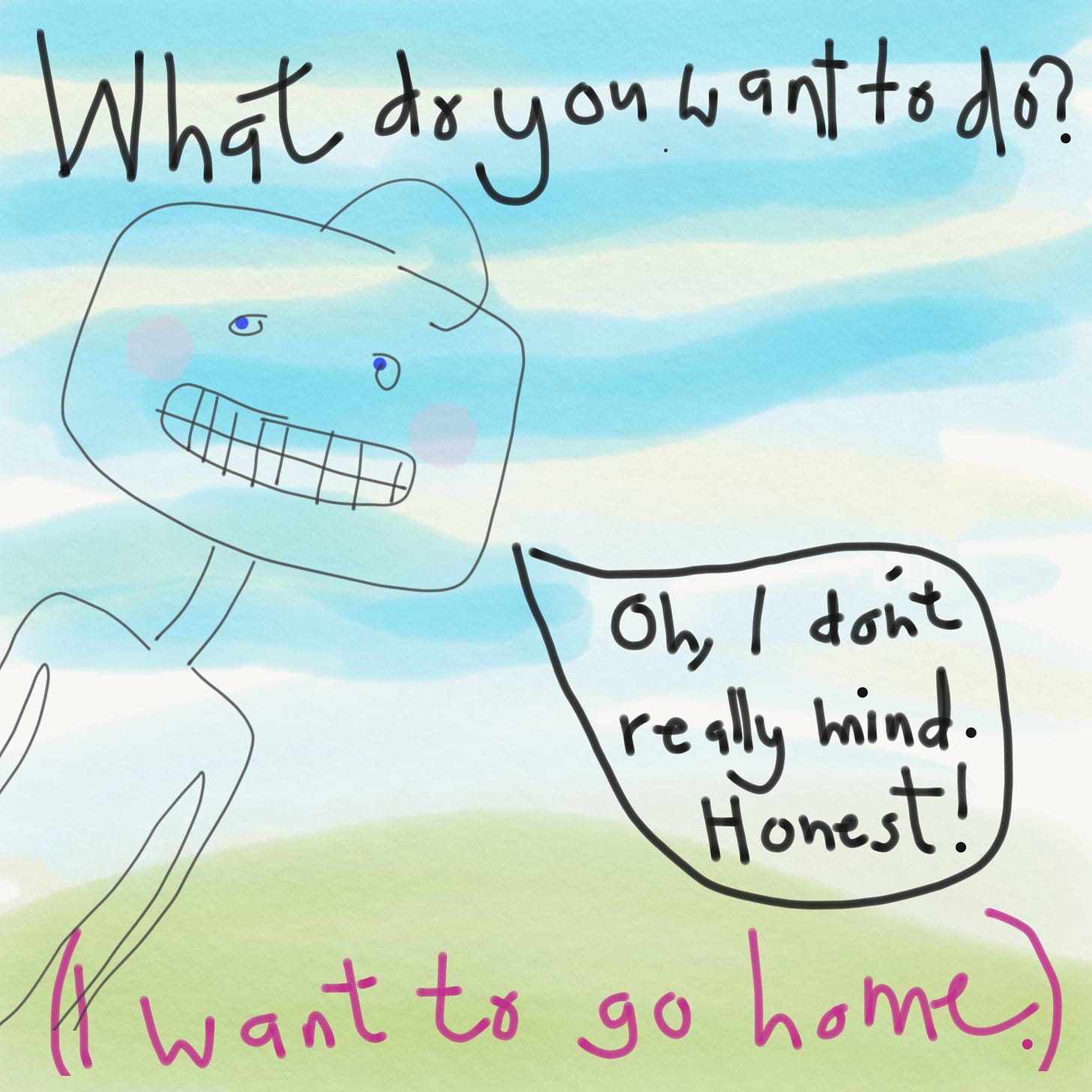 Sketch of robot saying I don't mind when really wants to go home.