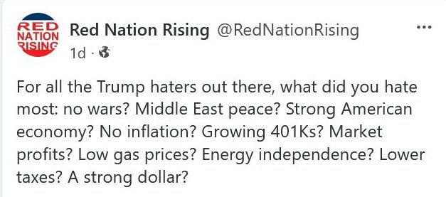 May be an image of text that says 'RED NATION Red Nation Rising @RedNationRising RISING 1d. For all the Trump haters out there, what did you hate most: no wars? Middle East peace? Strong American economy? No inflation? Growing 401Ks? Market profits? Low gas prices? Energy independence? Lower taxes? A strong dollar?'